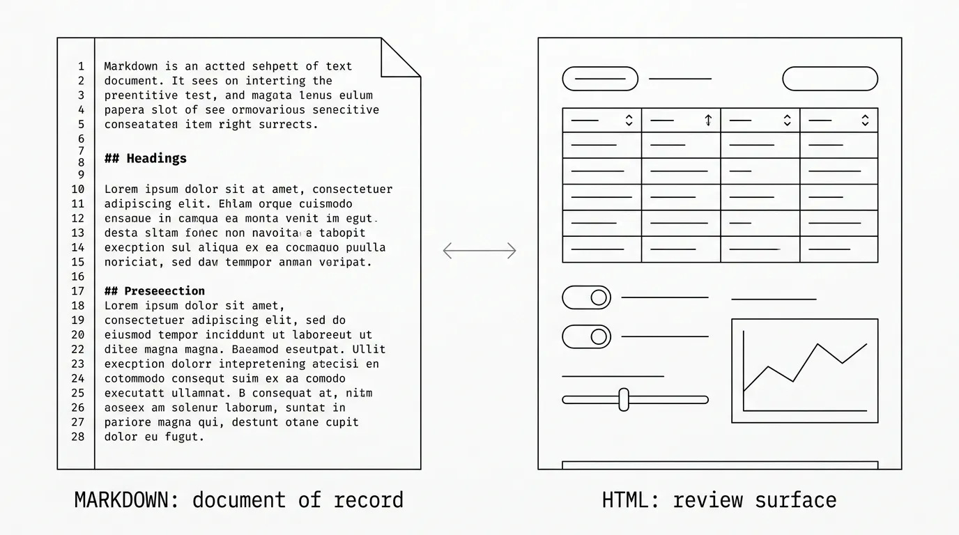 Markdown document of record on the left; interactive HTML review surface on the right