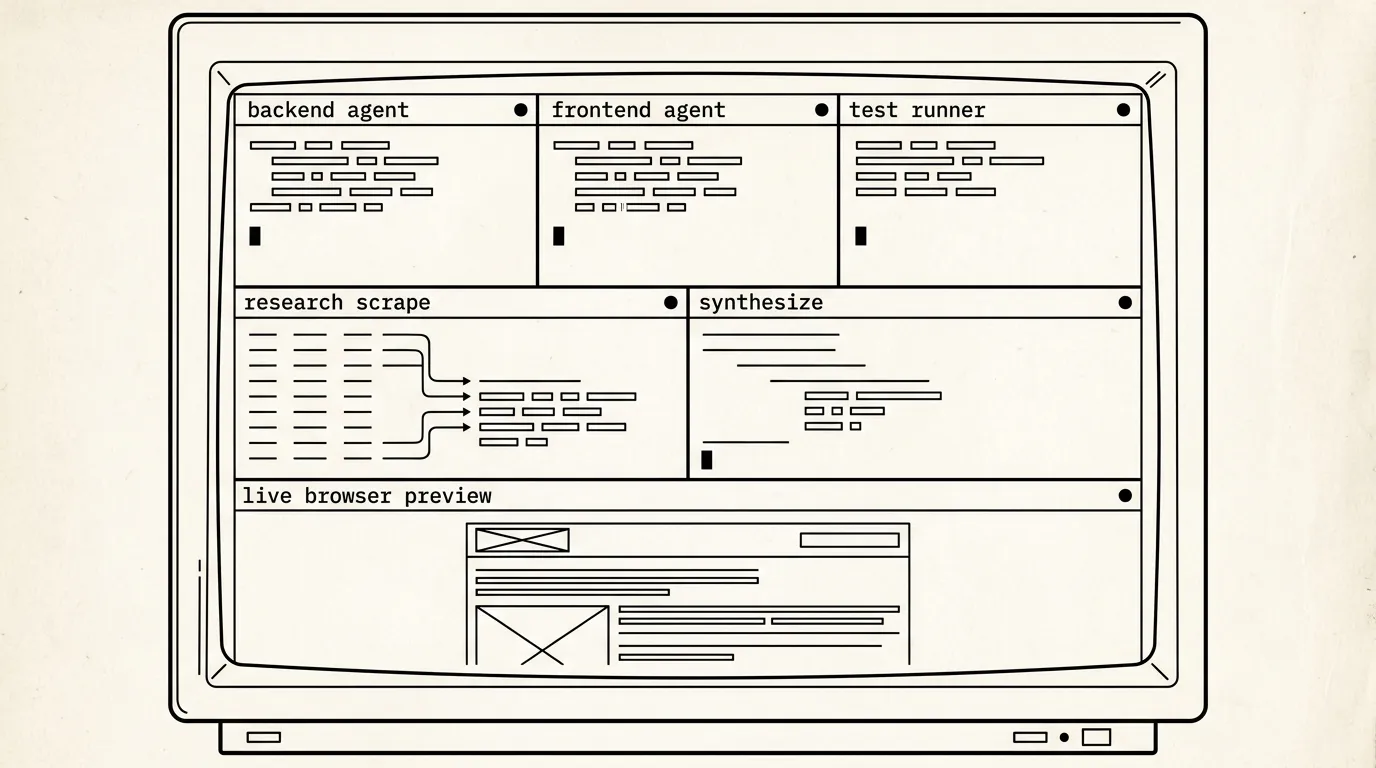 The agent workstation: tiled terminals + live browser preview