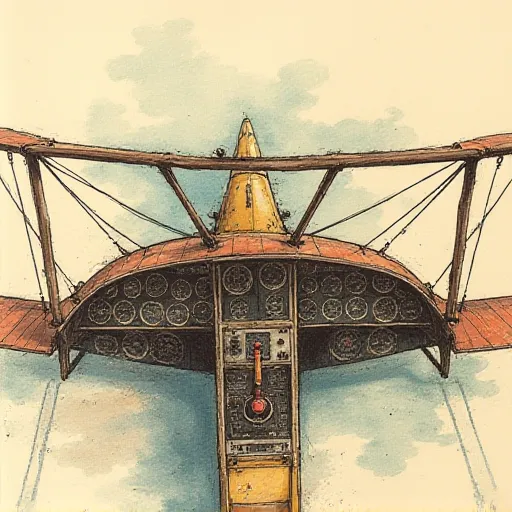 A hand drawn color sketch in the style of a 1930s newspaper of an old style airplane controls