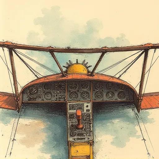 A hand drawn color sketch in the style of a 1930s newspaper of an old style airplane controls