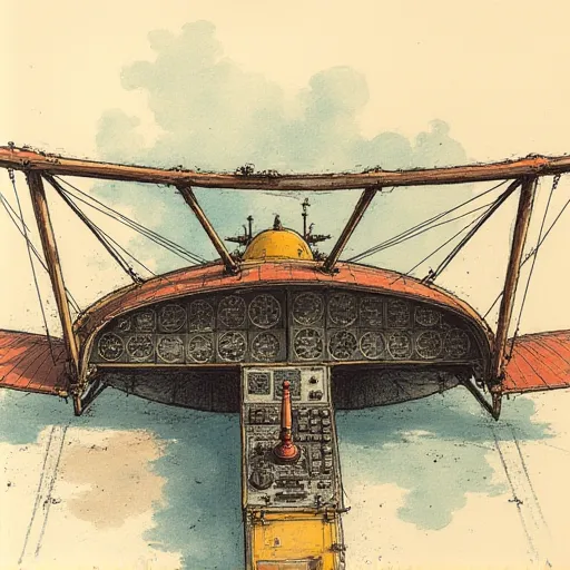 A hand drawn color sketch in the style of a 1930s newspaper of an old style airplane controls