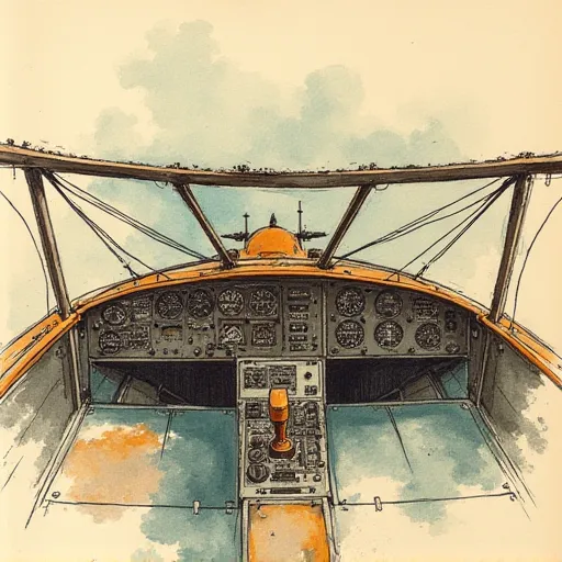 A hand drawn color sketch in the style of a 1930s newspaper of an old style airplane controls