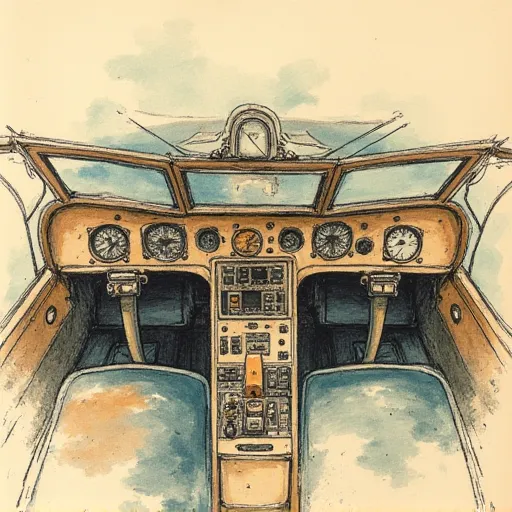 A hand drawn color sketch in the style of a 1930s newspaper of an old style airplane controls