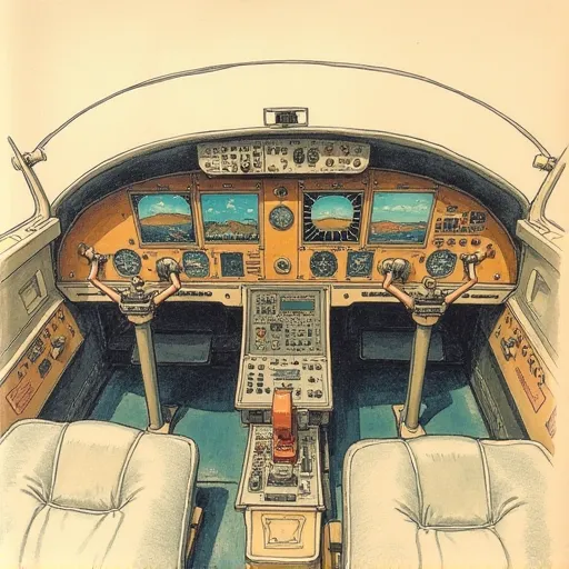 A hand drawn color sketch in the style of a 1930s newspaper of an old style airplane controls