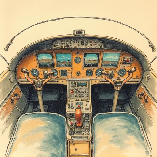 A hand drawn color sketch in the style of a 1930s newspaper of an old style airplane controls