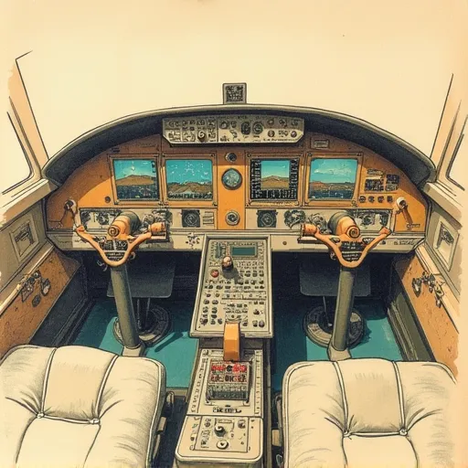 A hand drawn color sketch in the style of a 1930s newspaper of an old style airplane controls