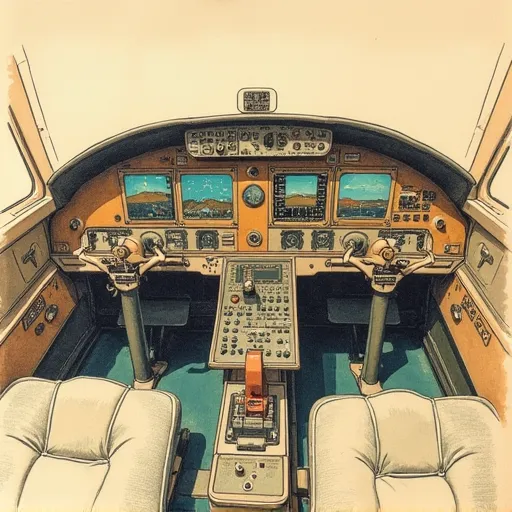 A hand drawn color sketch in the style of a 1930s newspaper of an old style airplane controls