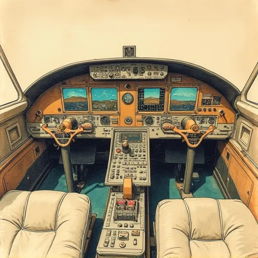 A hand drawn color sketch in the style of a 1930s newspaper of an old style airplane controls