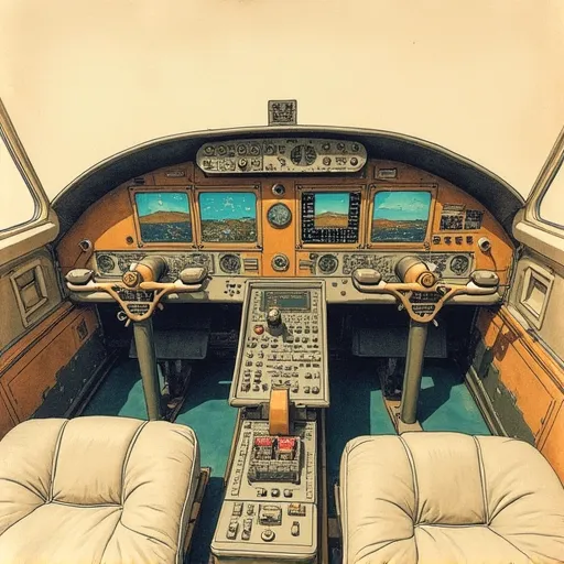 A hand drawn color sketch in the style of a 1930s newspaper of an old style airplane controls