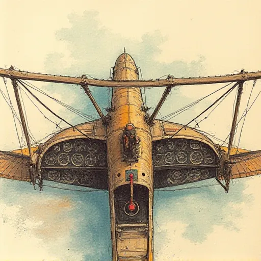 A hand drawn color sketch in the style of a 1930s newspaper of an old style airplane controls