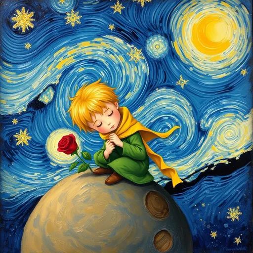 The Little Prince with golden hair, dressed         in green and wrapped in a yellow scarf, tenderly caring for a red rose on a         small asteroid, Van Gogh Starry Night sky, swirling stars, oil painting,         soft brush strokes, dreamy and whimsical.
