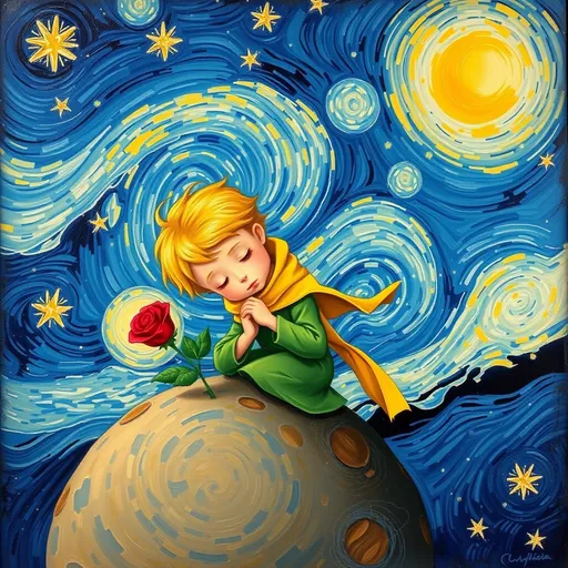 The Little Prince with golden hair, dressed         in green and wrapped in a yellow scarf, tenderly caring for a red rose on a         small asteroid, Van Gogh Starry Night sky, swirling stars, oil painting,         soft brush strokes, dreamy and whimsical.