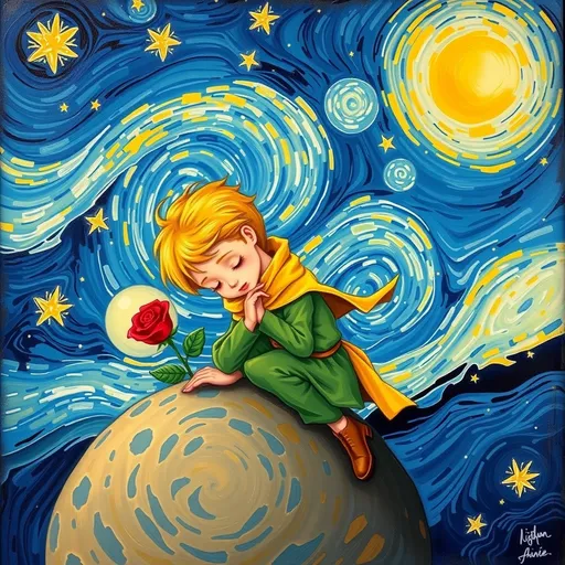 The Little Prince with golden hair, dressed         in green and wrapped in a yellow scarf, tenderly caring for a red rose on a         small asteroid, Van Gogh Starry Night sky, swirling stars, oil painting,         soft brush strokes, dreamy and whimsical.