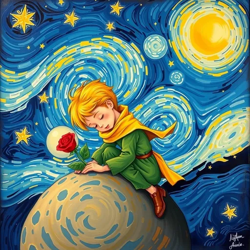 The Little Prince with golden hair, dressed         in green and wrapped in a yellow scarf, tenderly caring for a red rose on a         small asteroid, Van Gogh Starry Night sky, swirling stars, oil painting,         soft brush strokes, dreamy and whimsical.
