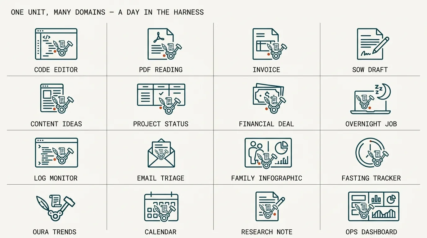 Small-multiples grid: the same harness icon repeated across sixteen everyday domains — code editor, PDF reading, invoice, SOW draft, content ideas, project status, financial deal, overnight job, log monitor, email triage, family infographic, fasting tracker, Oura trends, calendar, research note, ops dashboard. One unit, many domains.