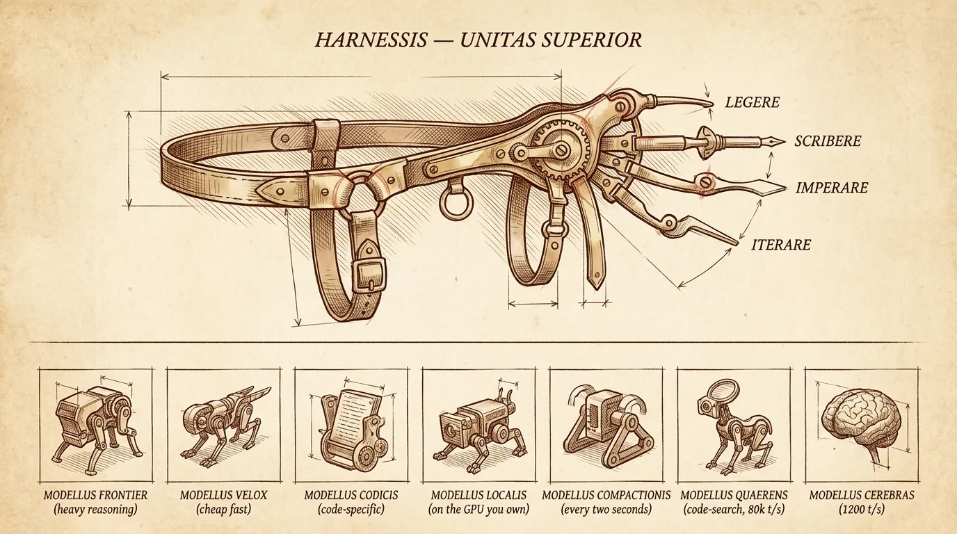 Da Vinci anatomical-plate: a single mechanical harness apparatus on top labeled HARNESSIS — UNITAS SUPERIOR with four tool-attachments (LEGERE, SCRIBERE, IMPERARE, ITERARE), and below it a labeled menagerie of seven model 'species' — Frontier, Velox, Codicis, Localis, Compactionis, Quaerens, Cerebras — drawn as small mechanical creatures on aged parchment.