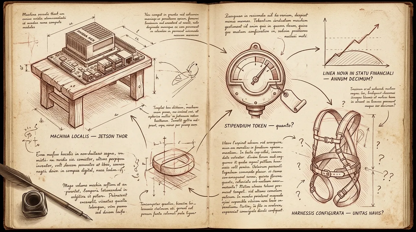 Da Vinci notebook spread with marginalia: a Jetson AGX Thor on a small workbench labeled MACHINA LOCALIS, a brass token-cost gauge labeled STIPENDIUM TOKEN — quanto?, a half-configured harness with question marks labeled HARNESSIS CONFIGURATA — UNITAS NAVIS?, and a small chart of a rising line labeled LINEA NOVA IN STATU FINANCIALI. Sepia ink on parchment, inkwell and quill in the corner.