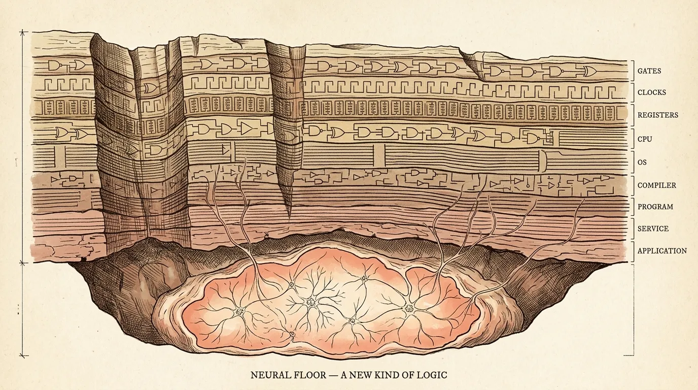 19th-century geological cross-section: layered strata of fossilized circuit traces — gates, clocks, registers, CPU, OS, compiler, program, service, application — opening into a newly excavated neural floor below, soft coral and cream tones, neuron tendrils threading up into the rock. The new floor under the old stack.