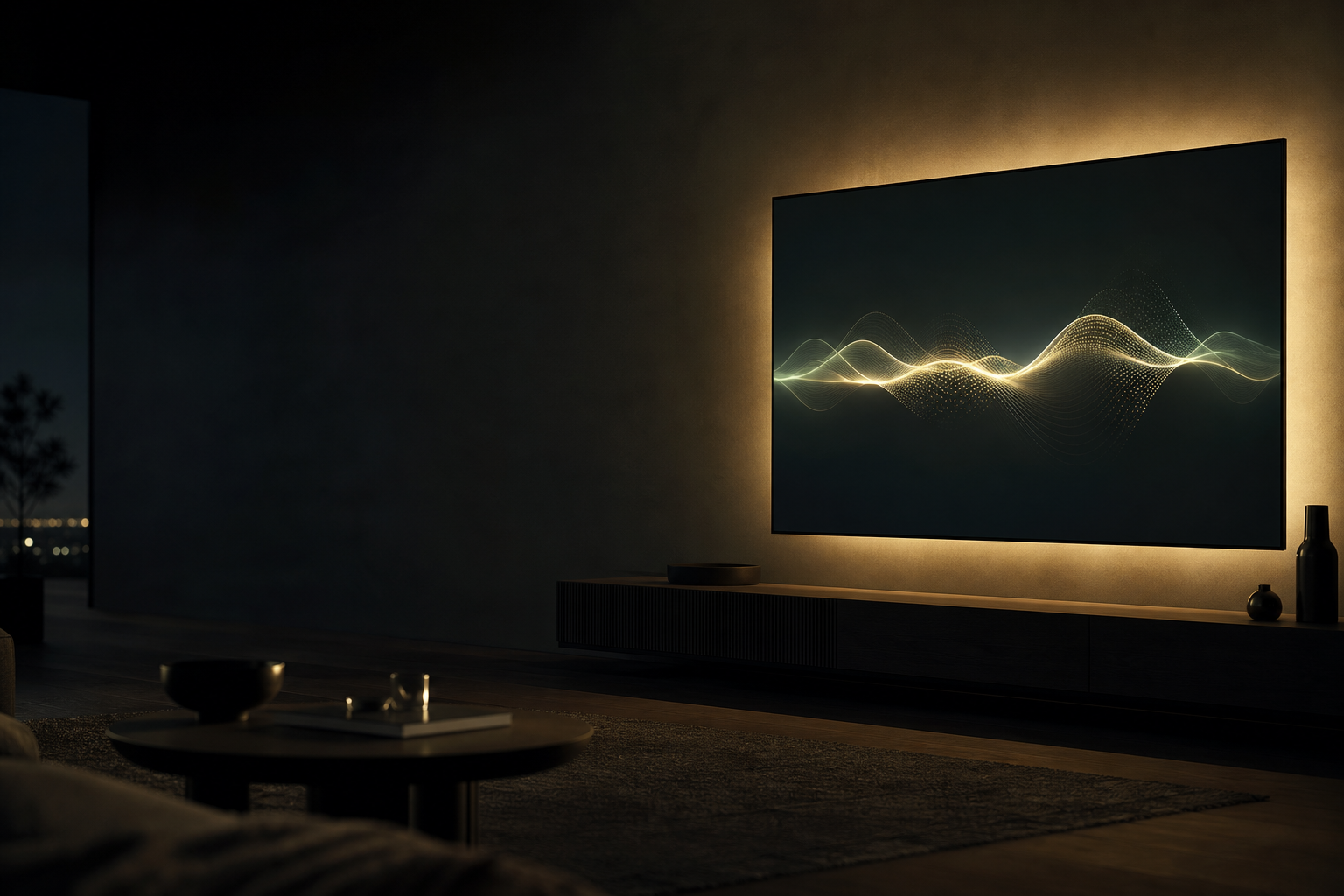 A smart TV glowing in a dark living room