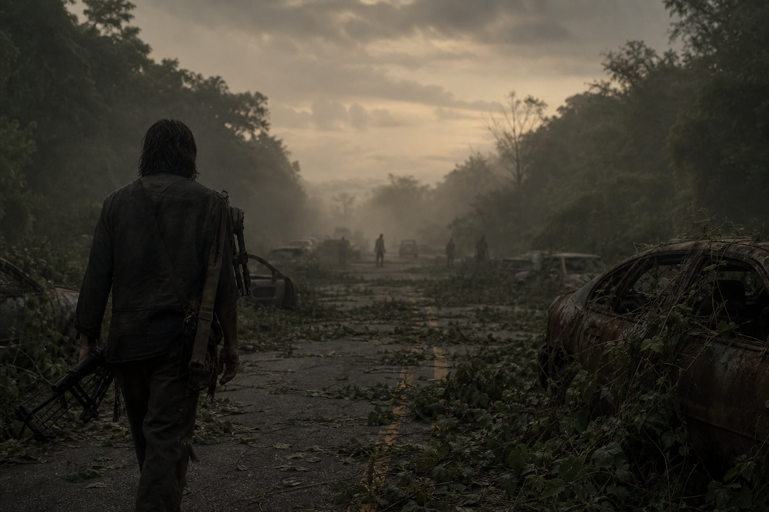 A lone survivor walking an overgrown highway of abandoned cars at dusk