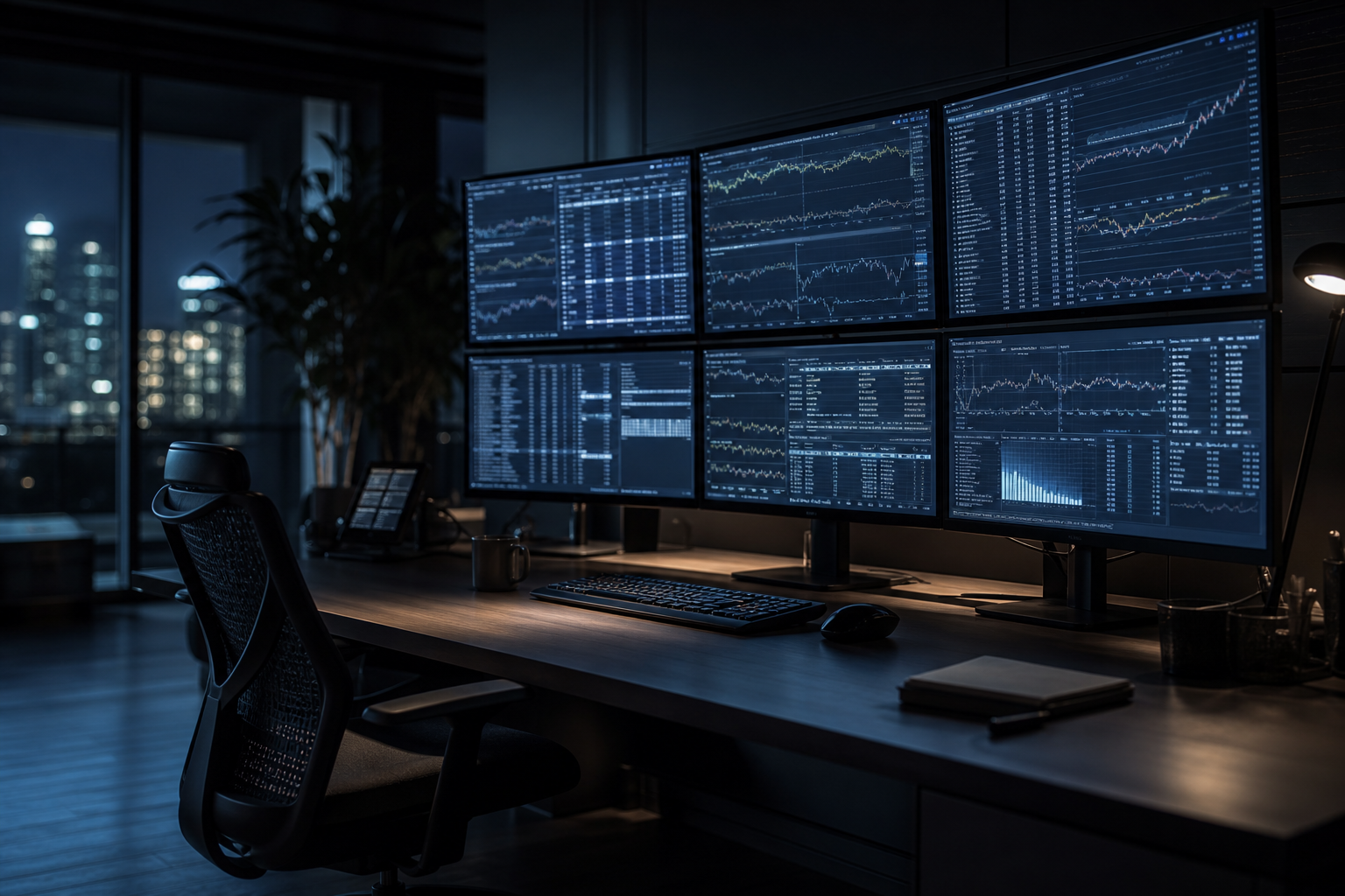 An empty data operations desk with monitors glowing at night