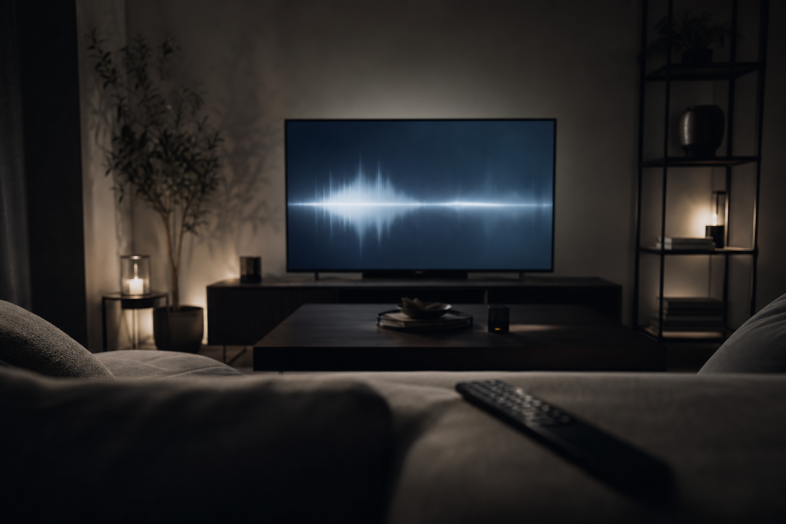 A glowing TV in a dark living room, seen from behind a sofa