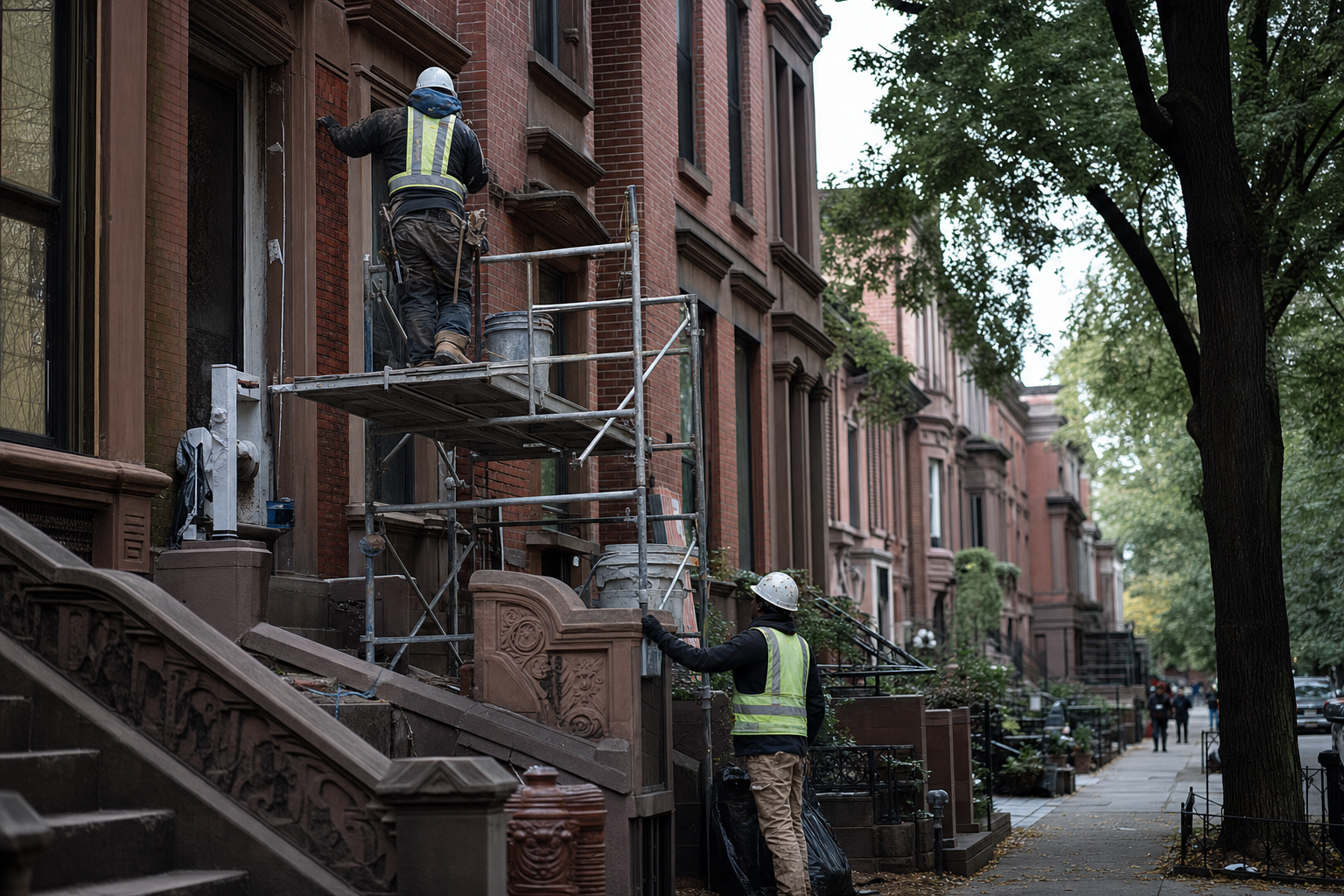 Construction workers restoring a brownstone facade on a tree-lined Brooklyn Heights street