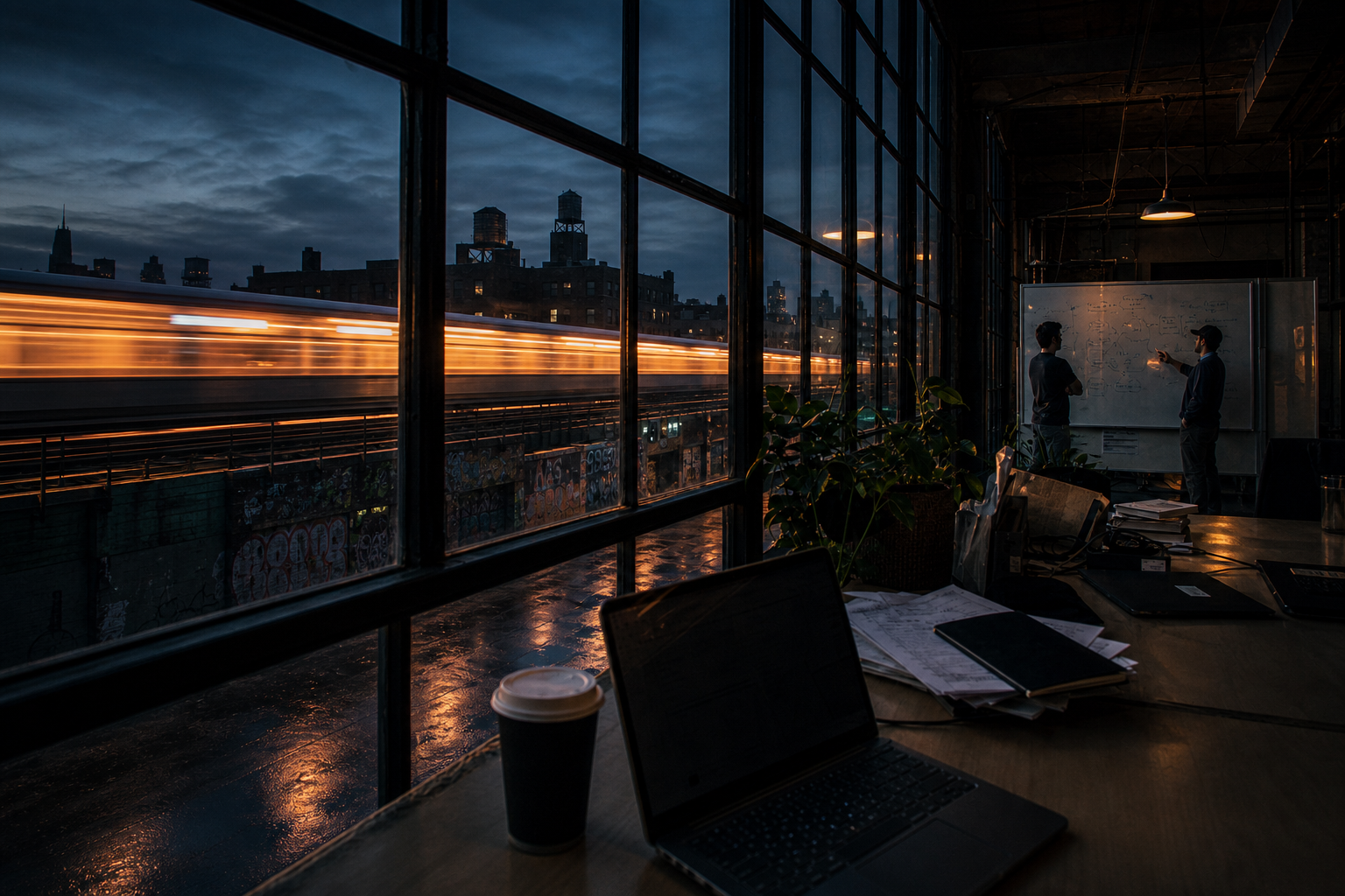 Brooklyn tech studio at night with a long-exposure subway streaking past the windows