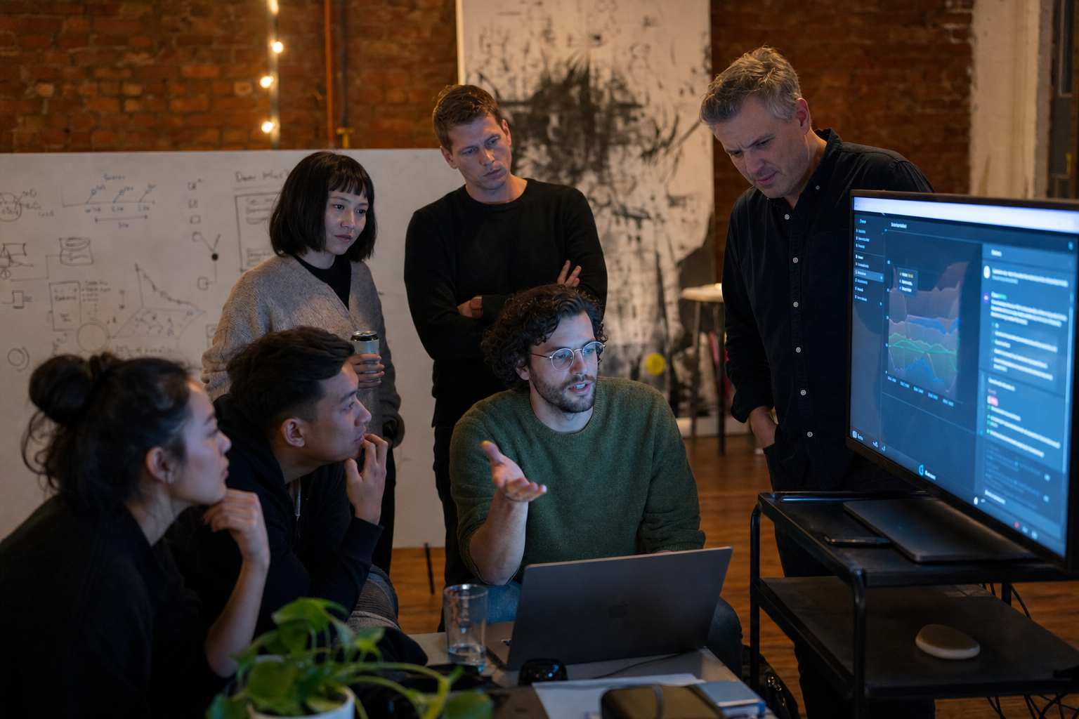 A small group gathered around a laptop and monitor during a demo night, exposed brick and string lights in the background