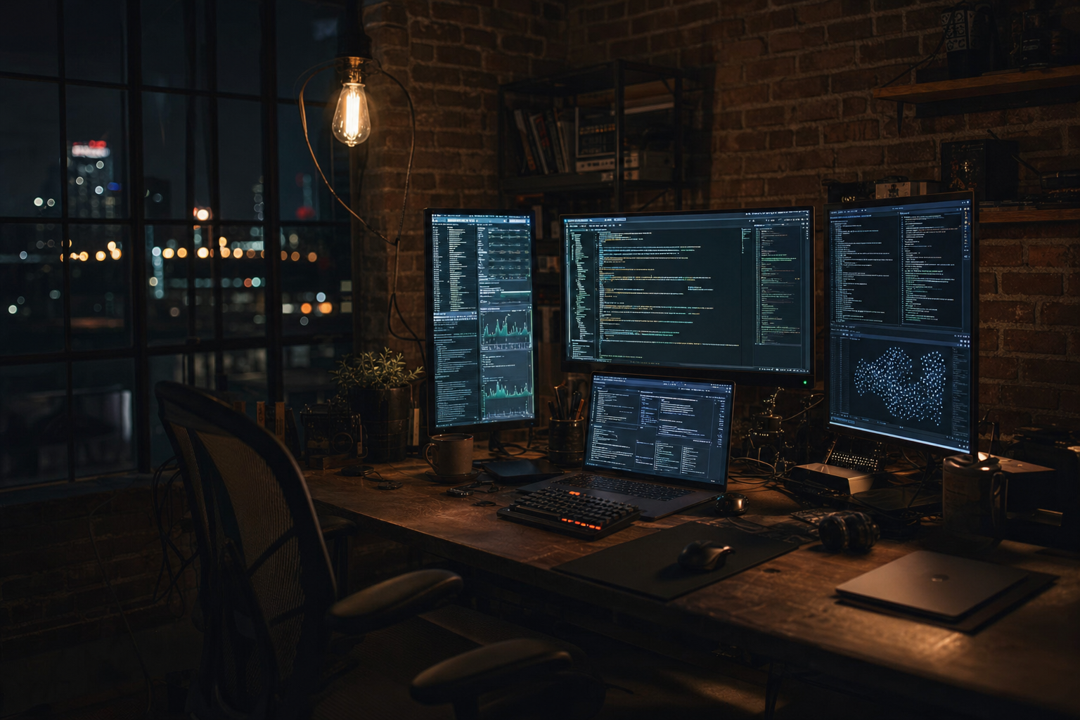 A late-night workbench with several monitors running code and model dashboards, exposed brick and city lights outside the window
